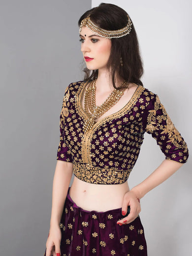 Purple Embroidered Velvet Wedding Lehenga Choli With Dupatta
